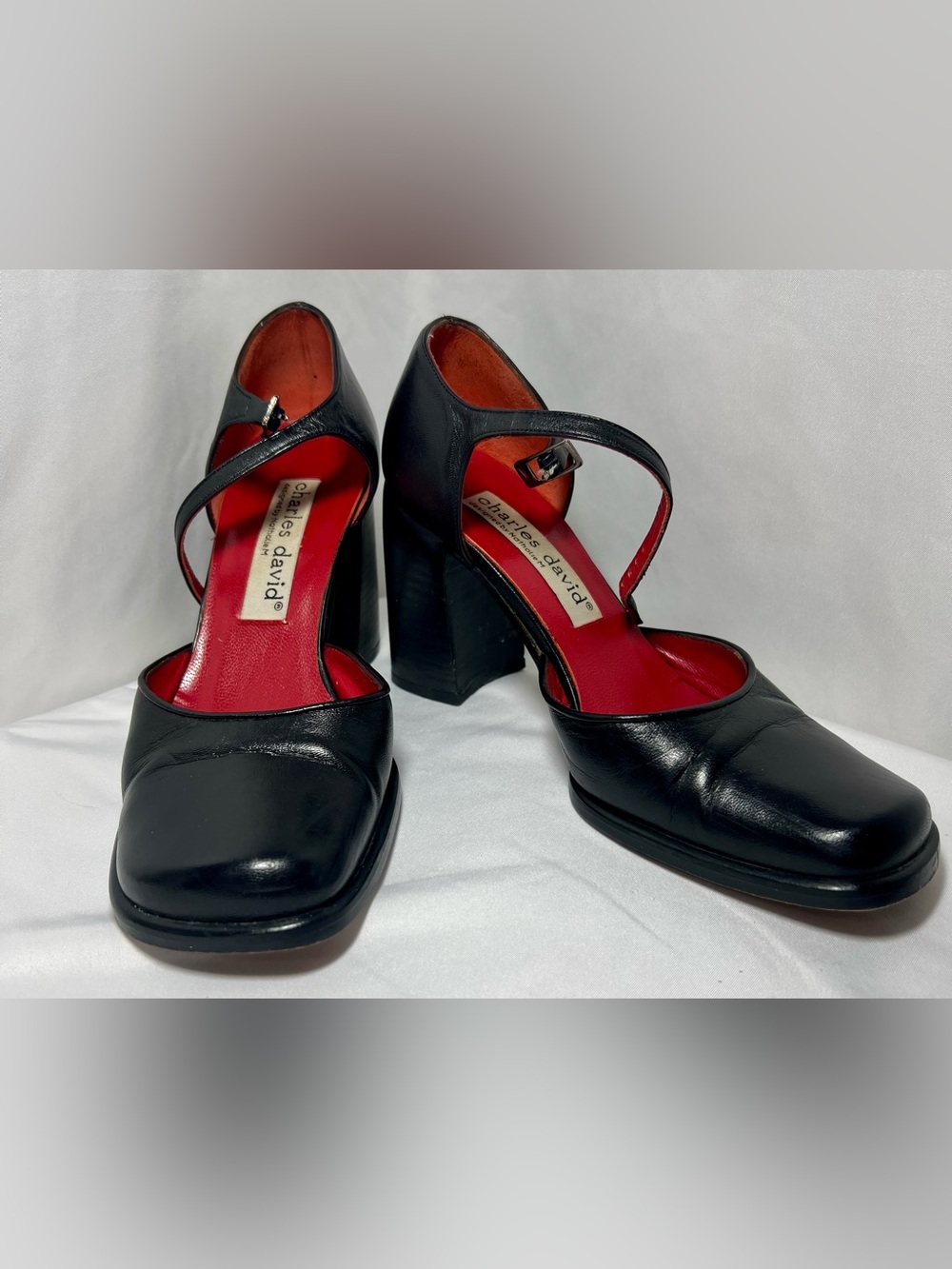 Vintage Charles David Black Leather Square Toe Block Heels Red Lining Size 6